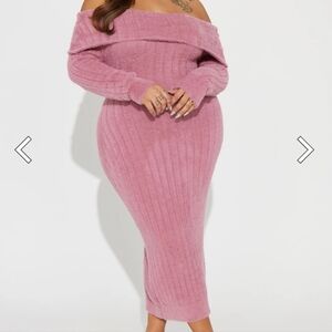 Pink Off-Shoulder Ribbed Knit Dress